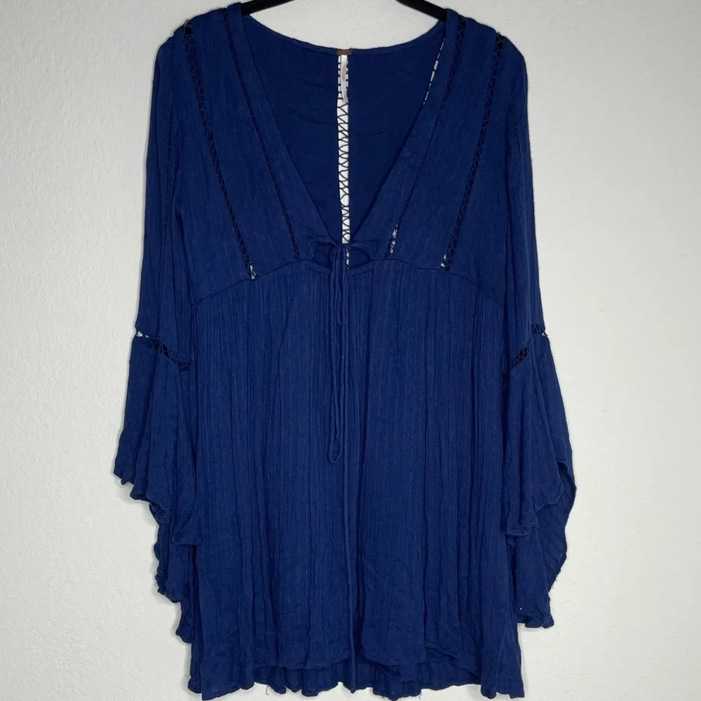 Free People Romeo Navy Blue Ladder Trim Mini Dress S - Picture 2 of 8